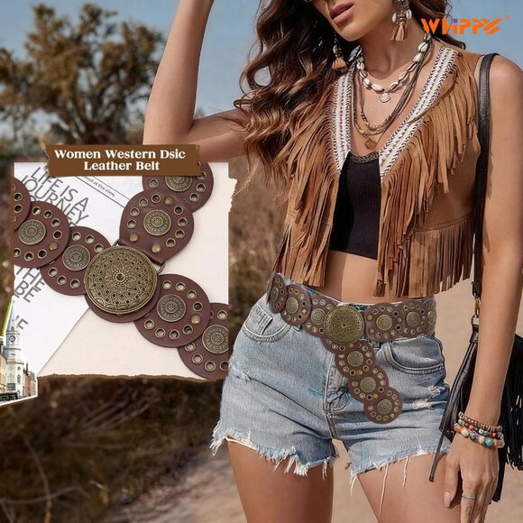 Women Vintage Disc Waist Concho Leather Belt Boho Waist Belt Brown Bronze Buckle main image 6